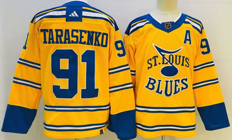 Mens St. Louis Blues #91 Vladimir Tarasenko Yellow 2022-23 Reverse Retro Stitched Jersey